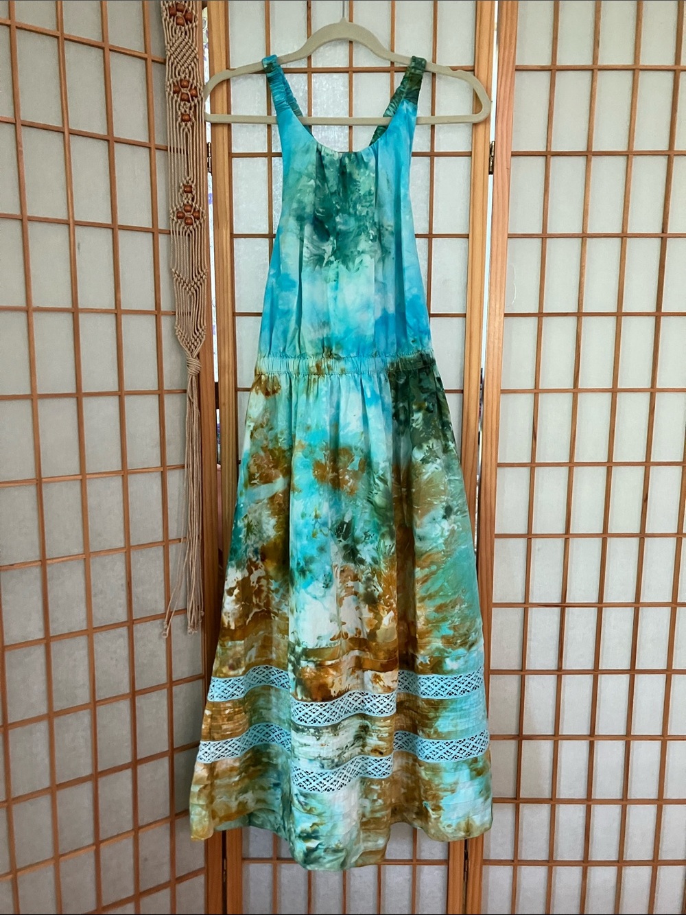 HAND DYED Tie-Dye GAP Lace Cross-Back Midi Sundress Pockets MEDIUM OOAK